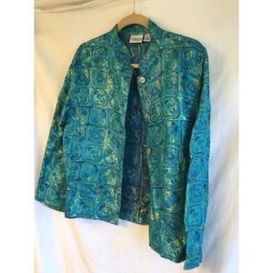 Chicos Silk Turquoise Blue Green Metallic Asian Brocade Tapestry Jacket Sz 1